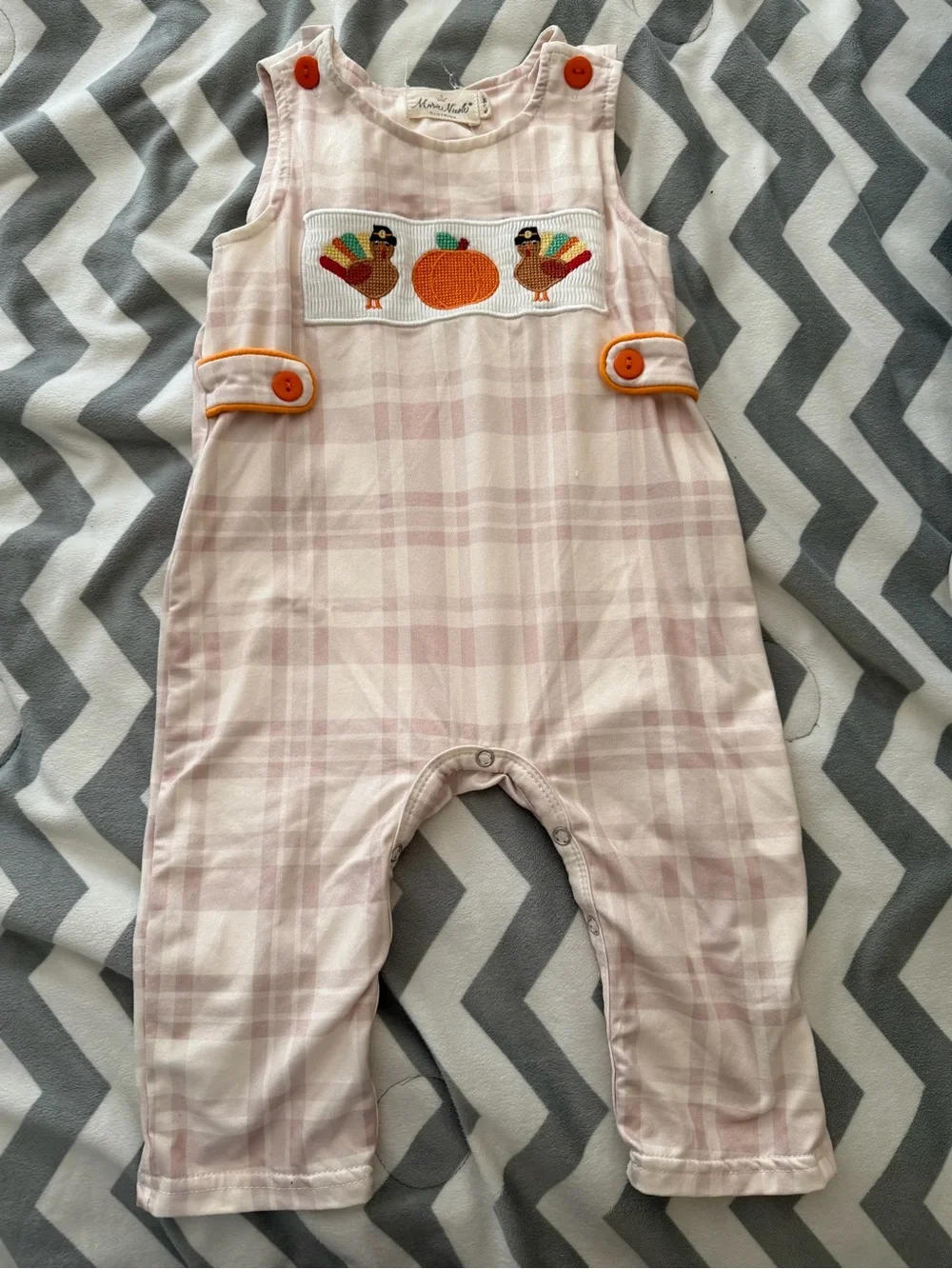 Plaid Baby Romper with Turkey & Pumpkin Smocking